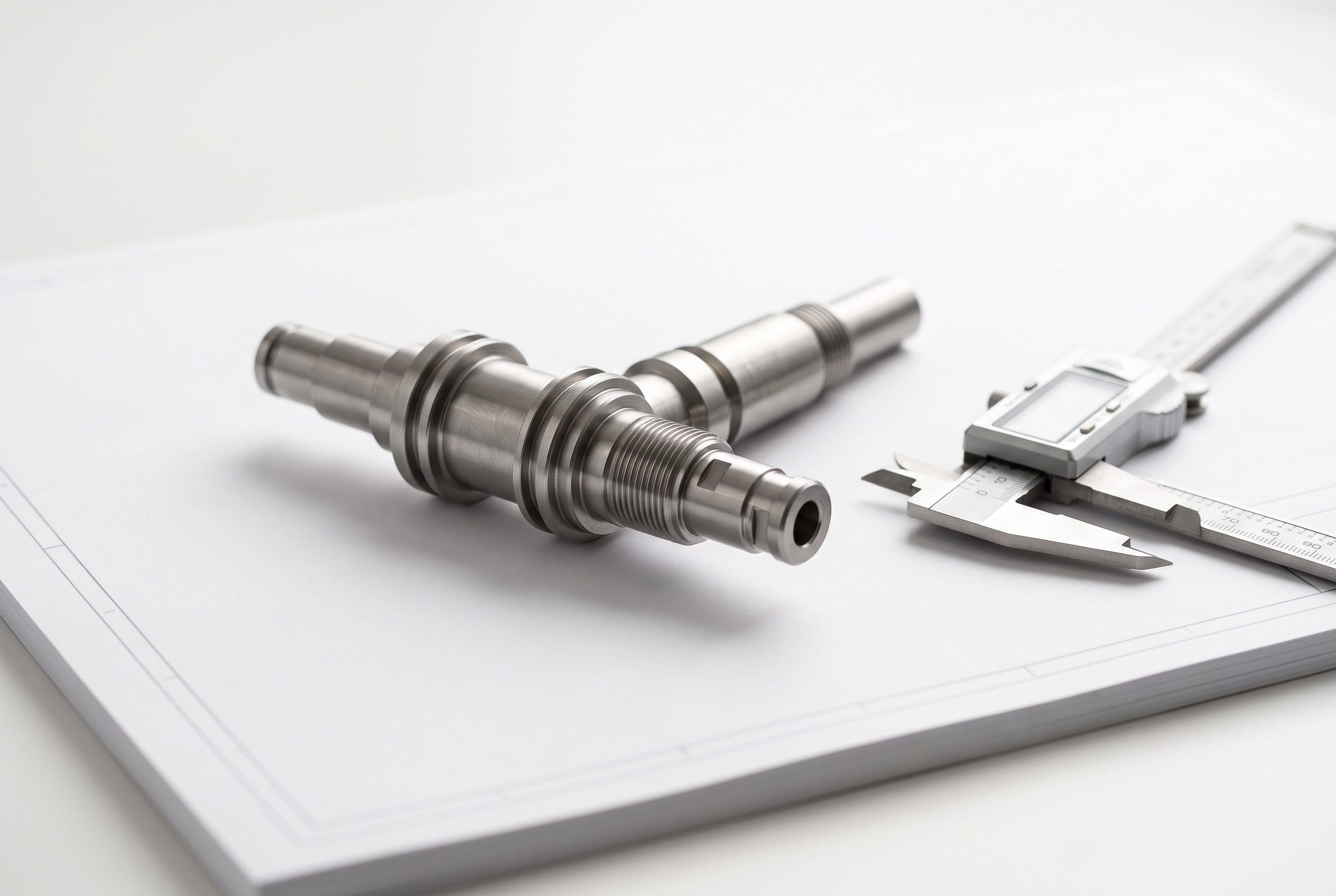 Machined stainless-steel shaft beside a digital caliper