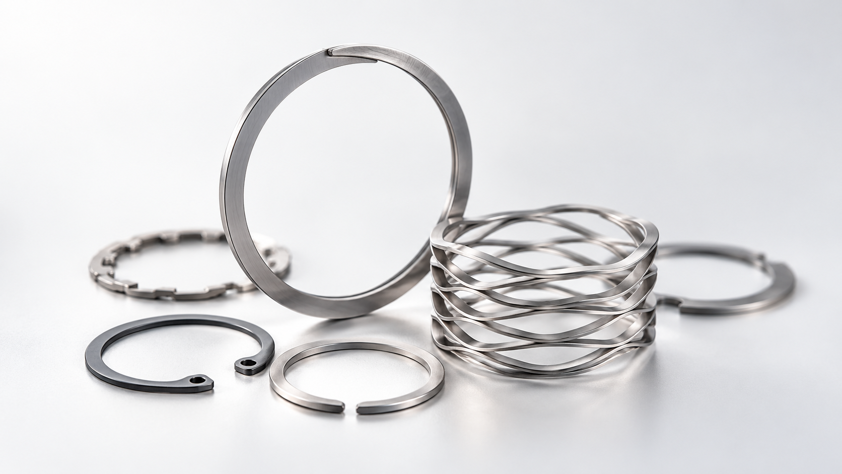 Studio composition of spiral retaining rings, circlips and a wave spring